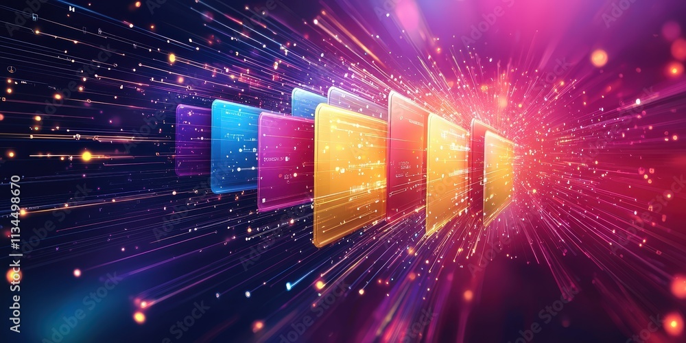 Poster futuristic abstract network grid with colorful files and folders in motion creating a dynamic digita