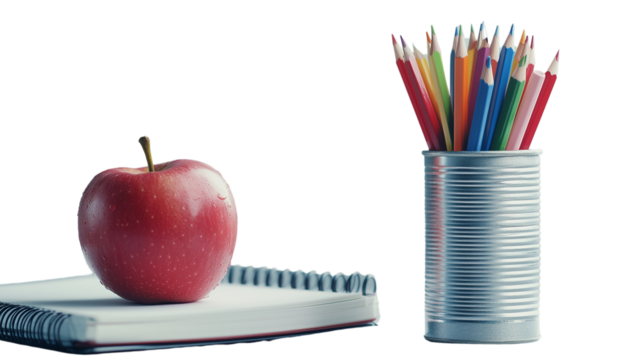 An apple on top of a spiral notebook, colored pencils, and a pencil in a canister, on a transparent backgrounds - Powered by Adobe