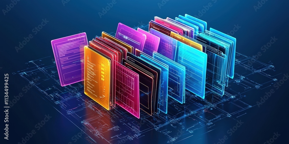 Poster futuristic abstract network grid with digital files and folders, featuring vibrant colors in a moder