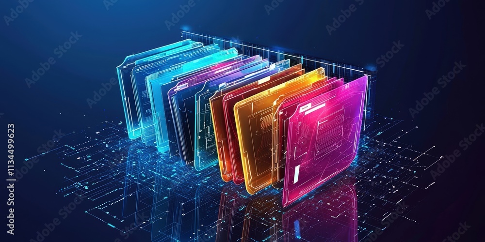 Poster futuristic abstract network grid with digital files and folders showcasing bright colors and data co