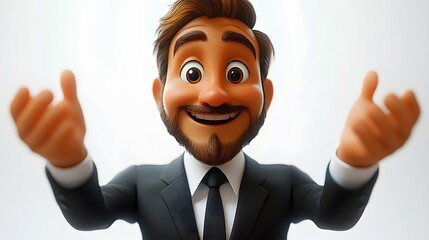 Business consultant gesturing with hands, dressed in formal attire, 3D cartoon style, isolated on white background