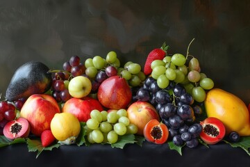 A Vibrant Display of Fresh Fruits on a Black Tablecloth at Daylight
