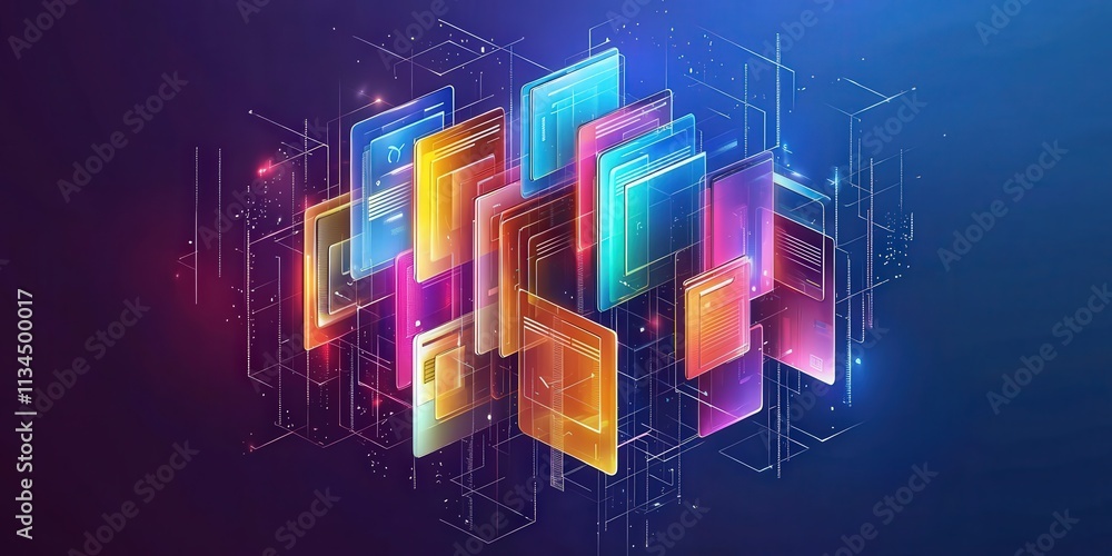 Poster abstract futuristic network grid with floating files and folders in vivid colors against a dark back
