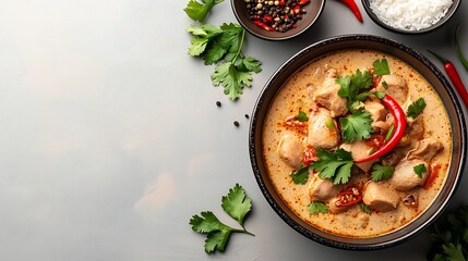 Aromatic Thai Chicken Coconut Soup in Ceramic Bowl on Clean Pastel Background