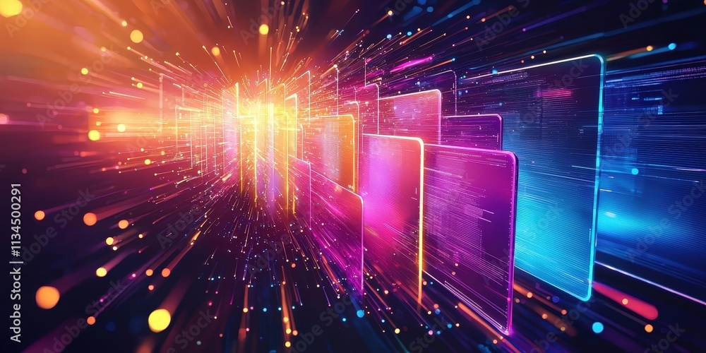 Poster futuristic abstract network grid with colorful flowing files and folders representing data transmiss