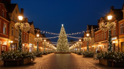 Naklejka premium Christmas Lights Illuminate City Street