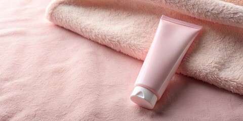 Tube of body cream resting in a pink towel with subtle monochromatic tones , skincare, beauty product, relaxation