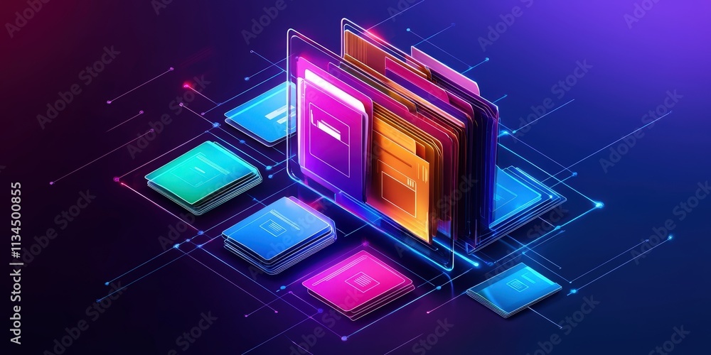 Poster futuristic abstract network image featuring colorful files and folders organized in a grid layout wi