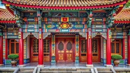 Chinese temple entrance adorned with intricate designs and traditional architectural elements, Chinese, temple