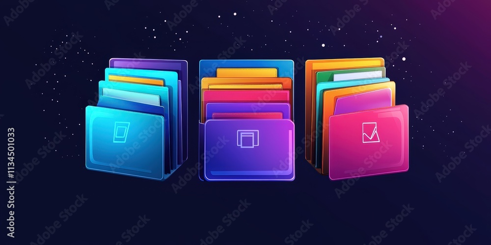 Poster futuristic abstract network of colorful folders and files on a grid background representing modern d