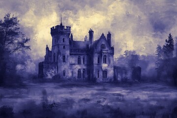 Naklejka premium A hauntingly beautiful illustration of an abandoned gothic castle enveloped in dense, swirling mist.