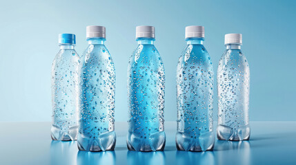 Realistic water bottle mock-up with ergonomic design, fresh condensation, set against a blue gradient background