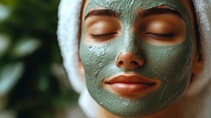 A woman relaxing with a green facial mask, promoting skincare and self-care.
