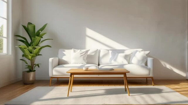 Minimalist living room with white sofa and natural sunlight
