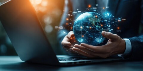 Fototapeta premium Businessman Holding a Digital Globe Representing Global Connectivity and Technology in the Modern Business Environment