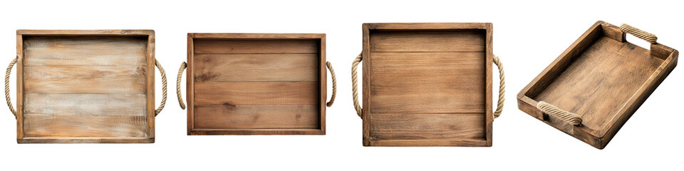 Empty rustic wooden tray or platter on a plain wooden background  This image can be used as a mockup or template for product presentation food styling restaurant or cafe menu event design