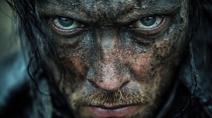 A close-up of a rugged, intense-looking man with dirt and grime on his face.