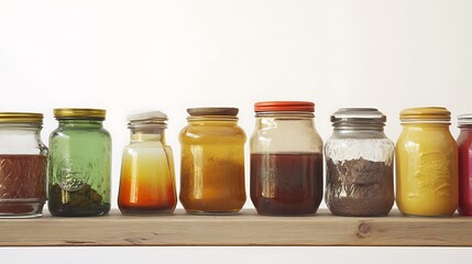 A Row of Glass Jars on a Wooden Shelf