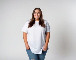 Plus size young woman wearing white oversized t-shirt and jeans isolated on grey background