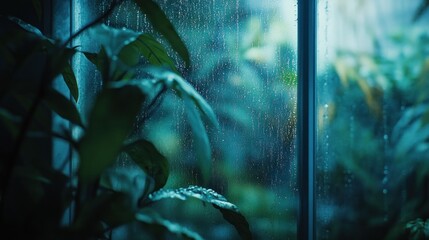 Obraz premium Rainy window view of lush greenery.