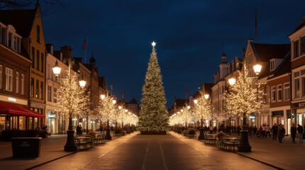 Naklejka premium Christmas Lights Illuminating a City Street