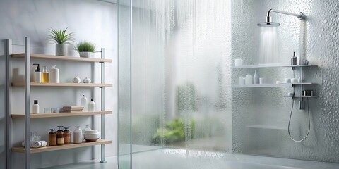 Misted glass shower background with beauty product overlay, shower, misted glass, beauty products, skincare, shampoo