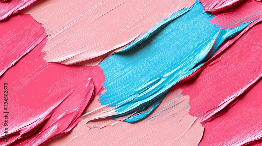 Poster the image contains a close-up view of thick, textured paint strokes in shades of pink and light blue