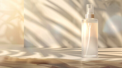 Semi-transparent frosted bottle with customizable label, positioned on a smooth backdrop with soft ambient lighting, perfect for skincare or beverage branding