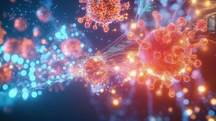 Fototapeta premium A glowing 3D representation of immune system cells battling allergens, with streams of light representing immunotherapy treatments, and floating data visualizing autoimmune activity suppression.