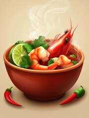 A steaming bowl of shrimp soup garnished with lime and cilantro, served with chili peppers.