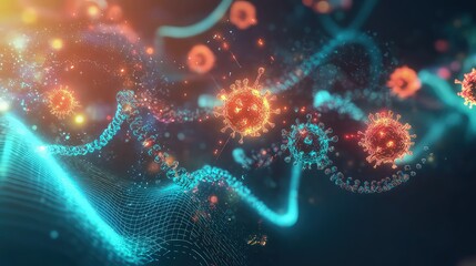 A glowing 3D representation of viral, bacterial, and fungal particles interacting with digital light waves, symbolizing the detection and treatment of infectious diseases in a high-tech lab setting.