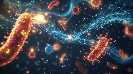 Obraz premium Rod-shaped bacteria and viral cells floating in a digital network for scientific reporting visuals.