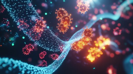 A glowing 3D representation of viral, bacterial, and fungal particles interacting with digital light waves, symbolizing the detection and treatment of infectious diseases in a high-tech lab setting.