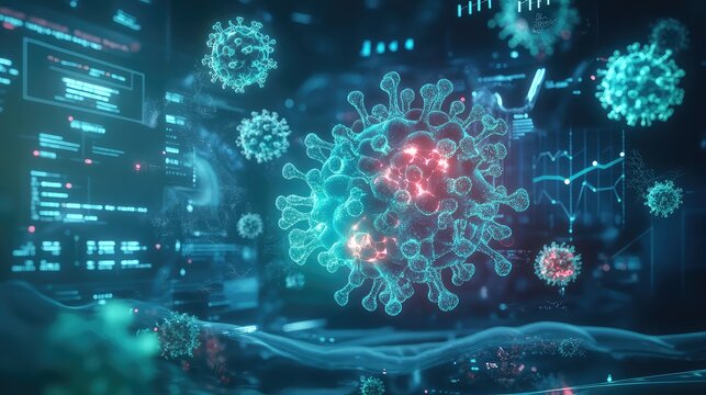 Glowing coronavirus viruses float above a futuristic digital interface representing disease tracking. - Powered by Adobe