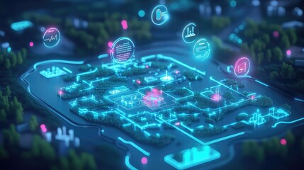 Obraz premium Abstract glowing map shows interconnected data points across a blurred green landscape banner.