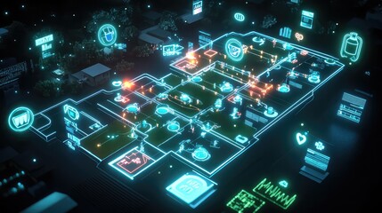 A glowing 3D map of a community with floating holographic icons representing health initiatives like clean water projects, vaccination clinics, and nutrition programs