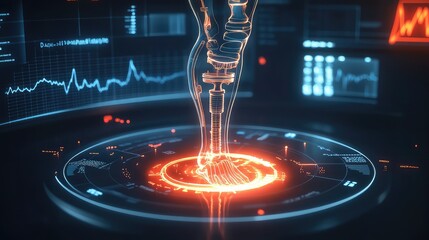 A glowing 3D holographic display of a joint replacement procedure, showing the integration of an orthopedic implant with surrounding bone structures