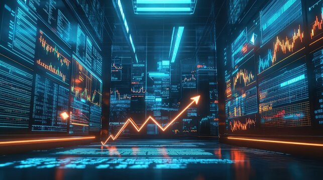 A futuristic trading floor with large digital screens displaying rising financial data, glowing upward arrows, and expanding graphs, symbolizing positive market trends and business growth.