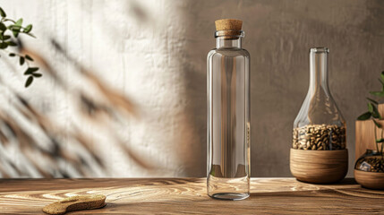 Fototapeta premium Sleek glass bottle mock-up with smooth edges, cork cap, and rustic vibe, wooden surface