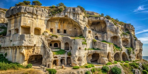 Fototapeta premium Ancient burial site carved into limestone cliffs in Sicily, Italy, Necropolis, Pantalica, Sicily