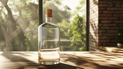 Sleek glass bottle mock-up with smooth edges, cork cap, and rustic vibe, wooden surface