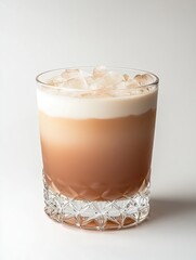 A layered drink in a crystal glass filled with ice, showcasing a creamy top and a brown base.