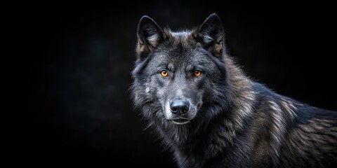 Majestic black wolf standing against a stunning black background, wildlife, predator, wolf, animal, nature, majestic