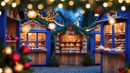 Vibrant bokeh lights illuminate a festive market featuring sweet treats and decorated stalls in Phoenix during the holiday season
