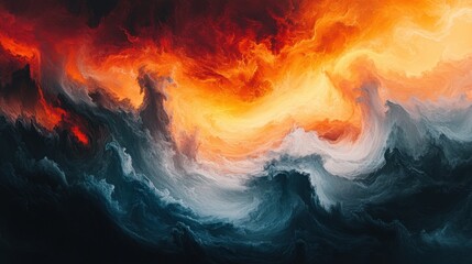 Fototapeta premium Vibrant chaos of swirling clouds at sunset captures the beauty of nature\'s stormy artistry and the interplay of light and shadow