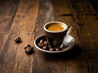a cup of warm espresso coffee in the morning on the table