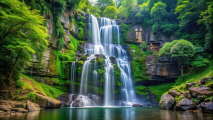 Fototapeta premium Majestic waterfall cascading down rock cliffs in a lush forest setting, nature, water, scenic, powerful, flow, cascade
