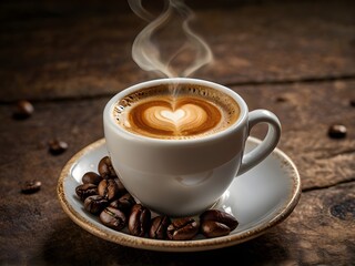 a cup of warm espresso coffee in the morning on the table