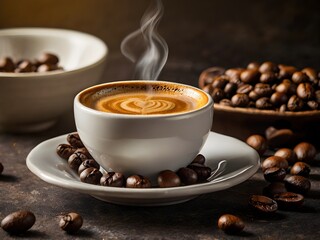 Fototapeta premium a cup of warm espresso coffee in the morning on the table
