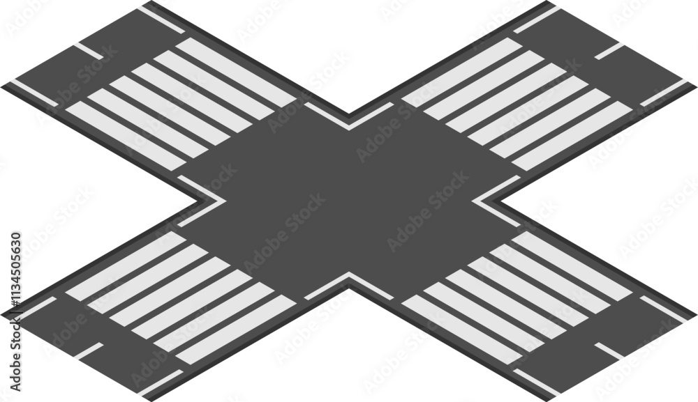 Poster four crosswalks and roads intersecting in an x shape, captured from above, illustrating concepts of 